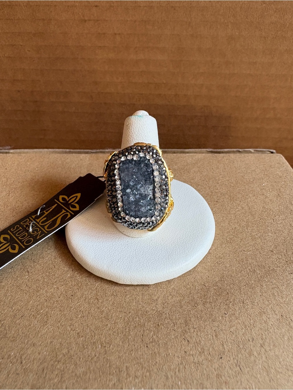 22kt Gold-plated Grey Druzy and marcasite Statement Ring